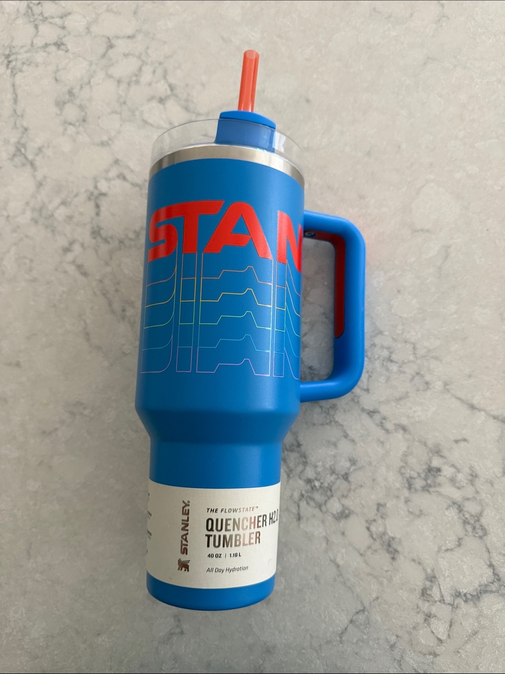 Stanley Blue Tumbler with orange Accents and Orange Straw NWT